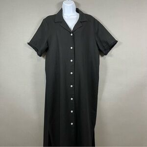 Forcynthia Black Linen Blend Button Short Sleeve Maxi Dress